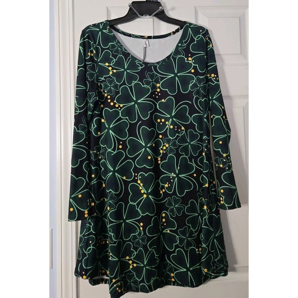 Aphratti Womans Shamrock Mini Dress Long Sleeve Size Medium Black, Green, Yellow